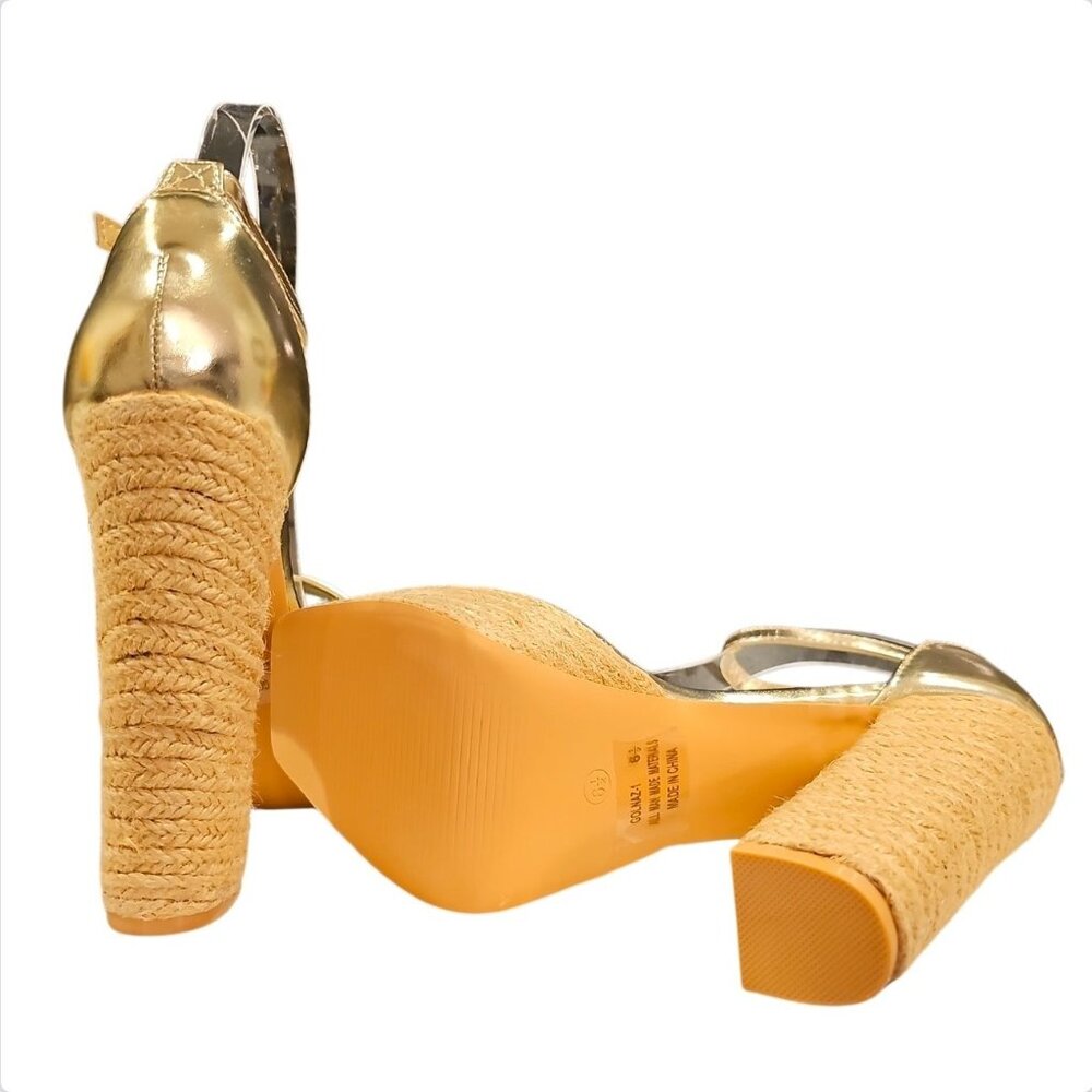 Gold Platform Espadrille High Heel Sandals With Ankle Strap Faux Leather & Braid - Picture 5 of 6